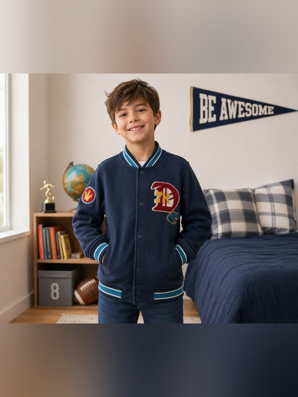 365 Kids Garanimals Boys Size 8 Dino 72 Bomber Sweatshirt Snap Front Navy